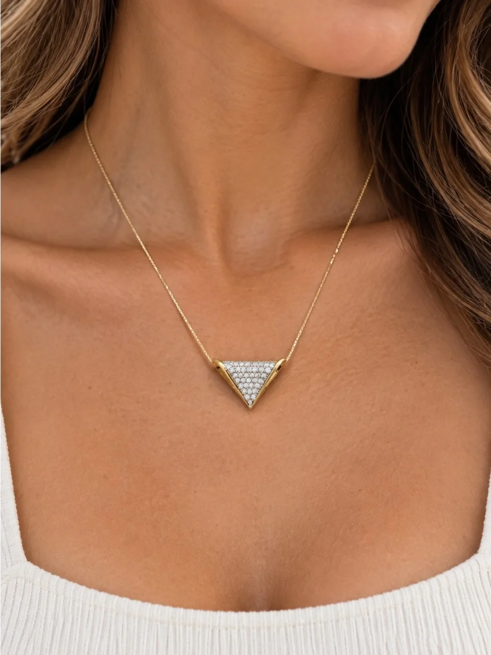 Vintage 925 Sterling Silver Gold Tone Pavé CZ Triangle Pendant Statement Jewelry